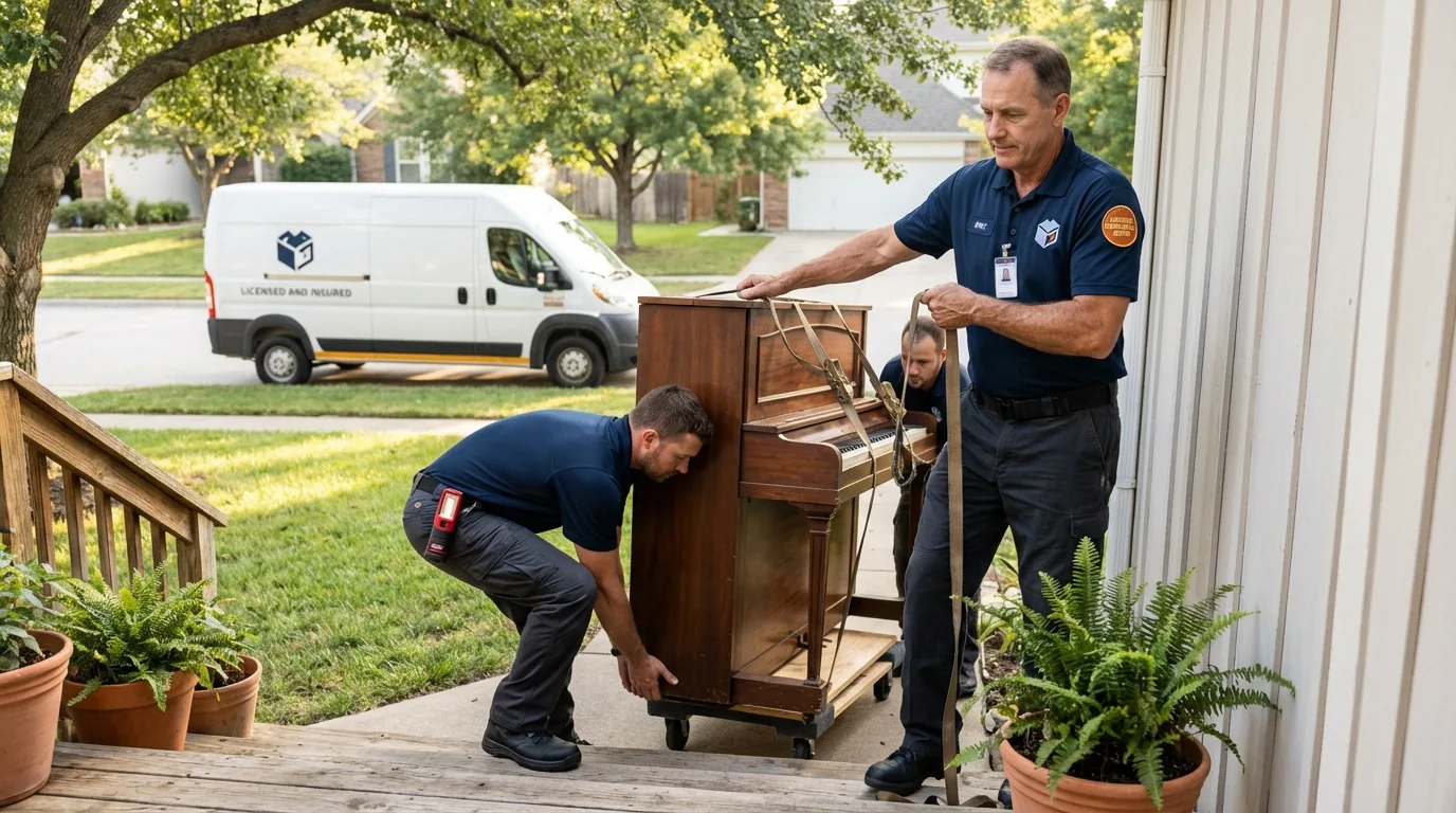 Licensed piano movers securing grand piano in Downingtown, PA