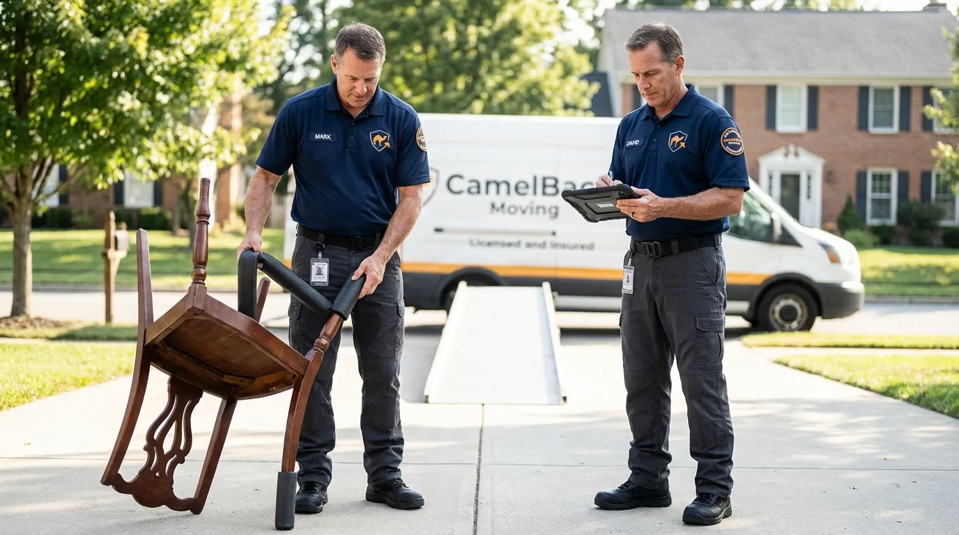 Movers inspecting furniture for damage prevention before loading in Downingtown, PA